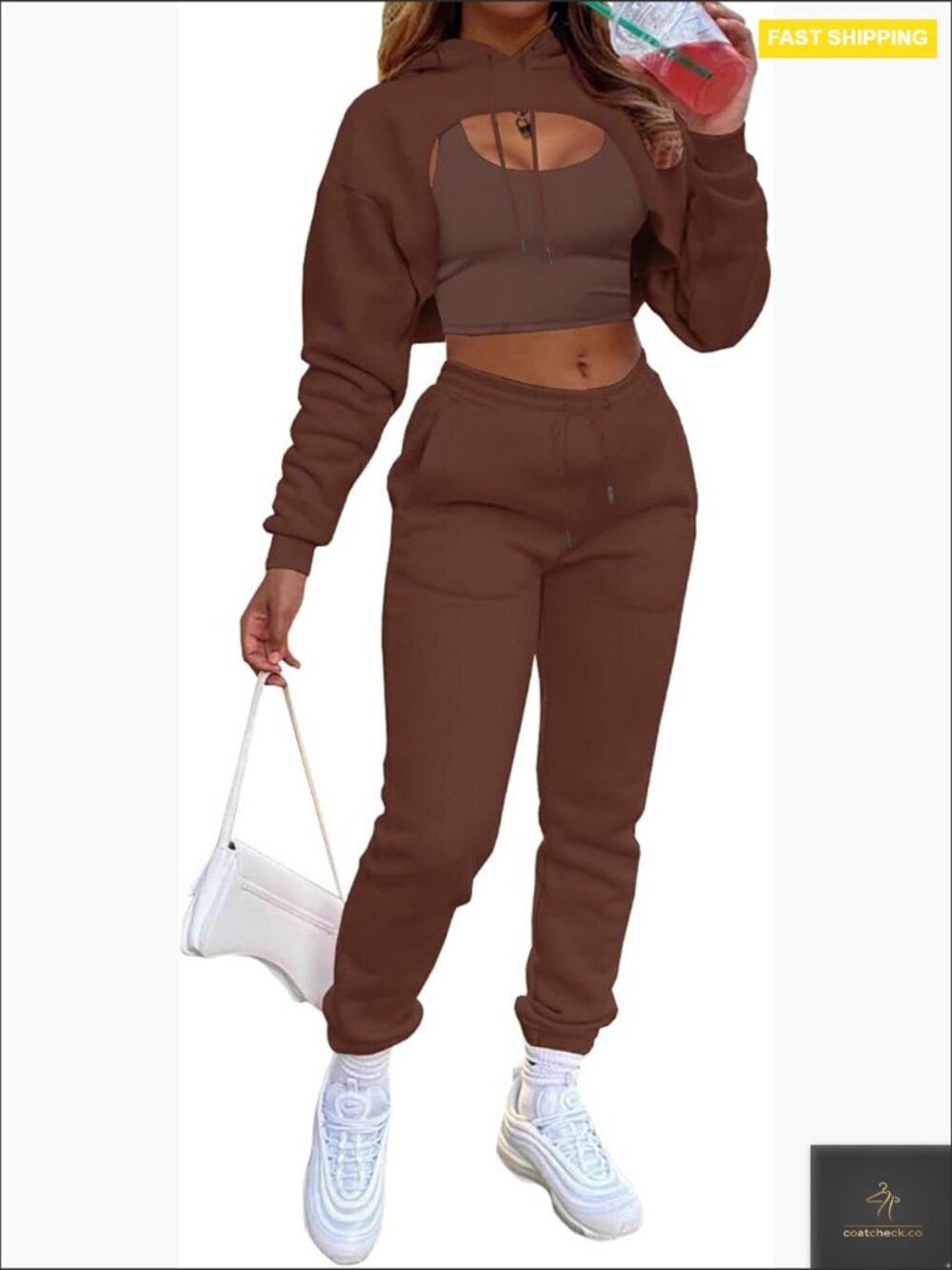 Sexy 3 Piece Tracksuit Long Sleeve Crop Top Hoodie Tank Top Drawstring Joggers